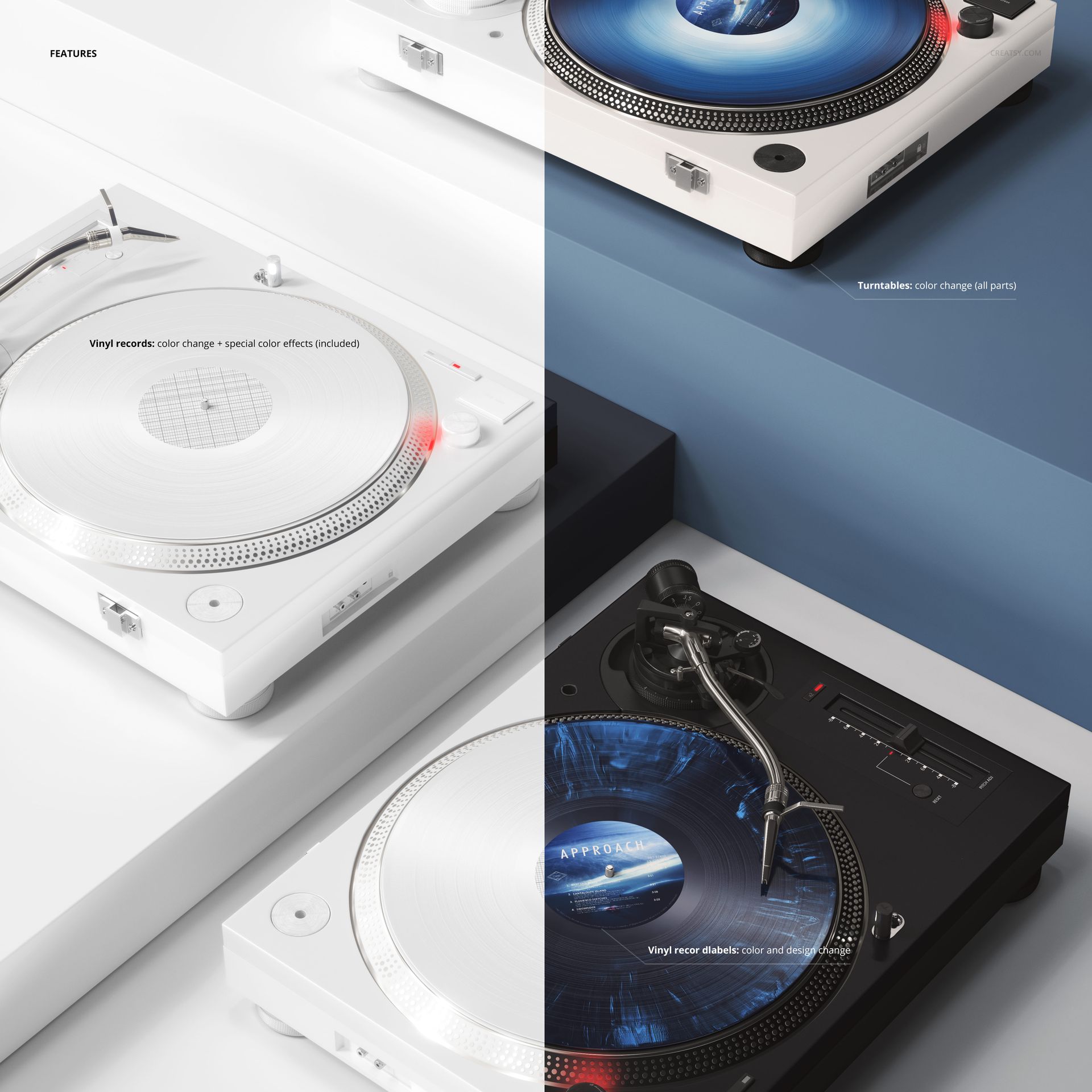 PSD mockup displaying a split scene of vinyl turntables with contrasting colors and vivid, patterned vinyl records.
