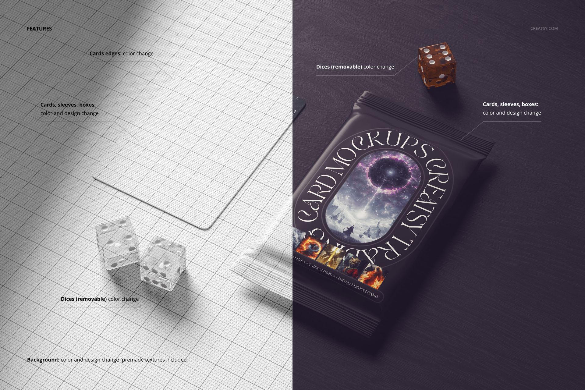 Trading cards mockup bundle showing transparent cards, dice, and a sealed pack on a grid and dark surface.