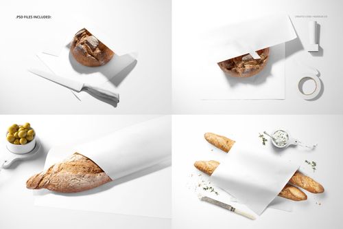 Bakery food safe paper mockup set showing various breads wrapped in white paper on a clean white surface.