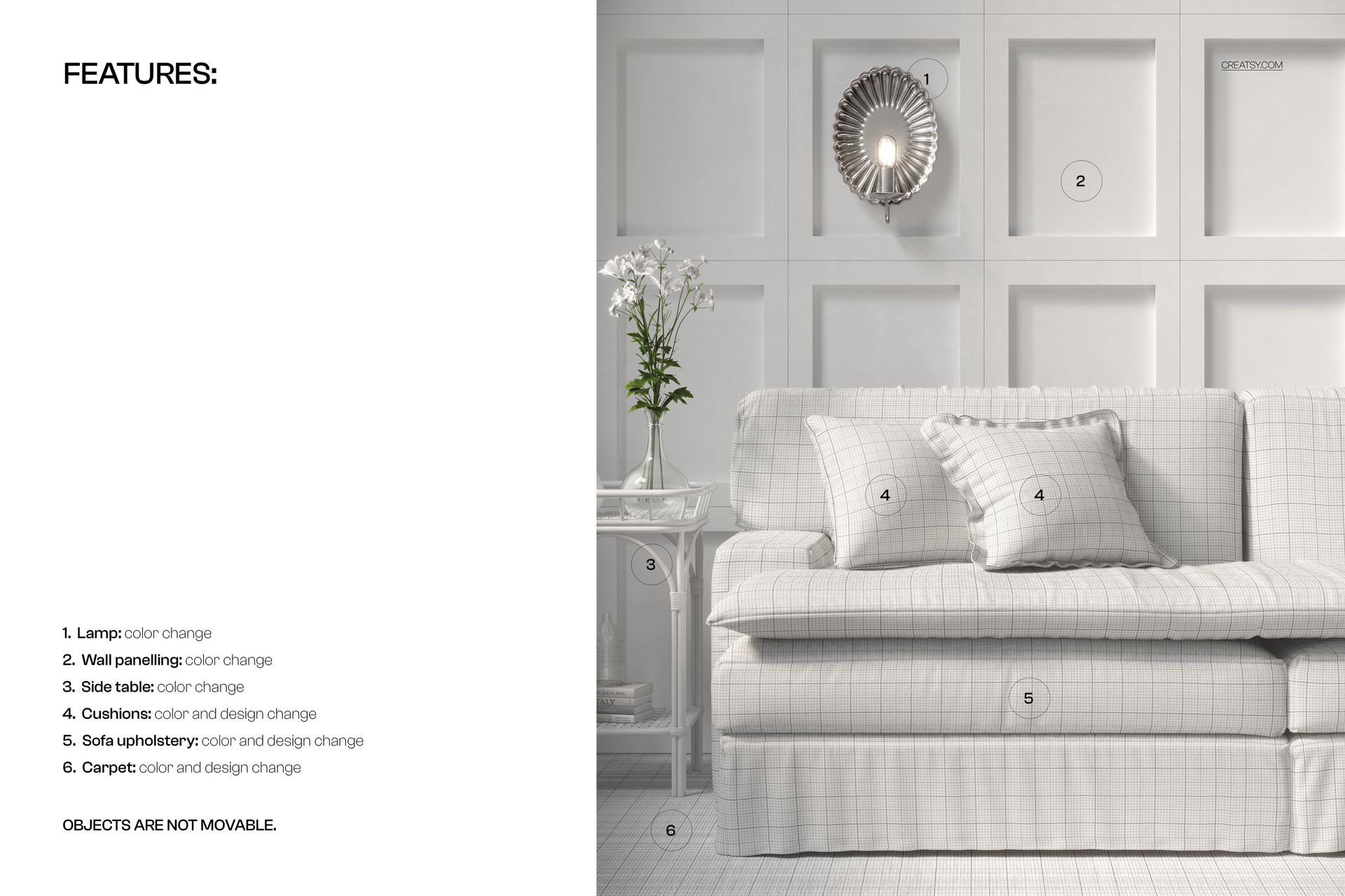 Front view of an upholstered sofa mockup in a living room with grid pattern, white walls, and a side table with flowers.