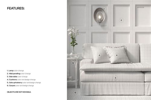 Front view of an upholstered sofa mockup in a living room with grid pattern, white walls, and a side table with flowers.