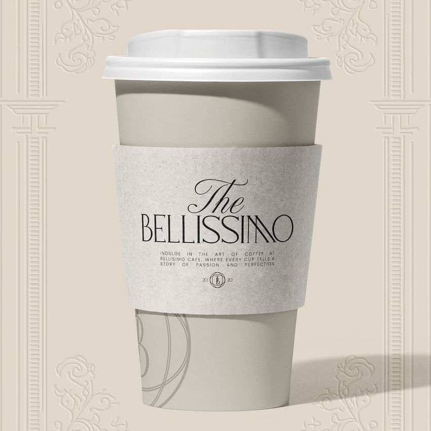 Paper cup mockup with a white lid and a beige sleeve featuring elegant serif text, set against a decorative beige background.