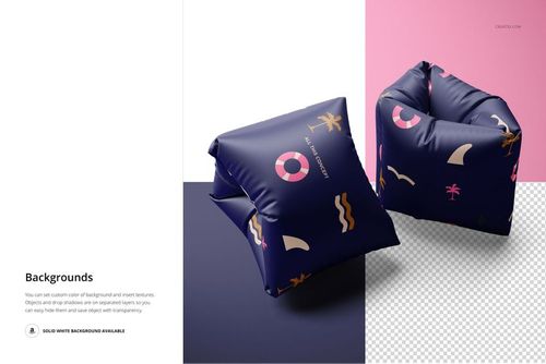 Inflatable swimming sleeves mockup featuring dark blue sleeves with geometric shapes, displayed on split pink and transparent surfaces.