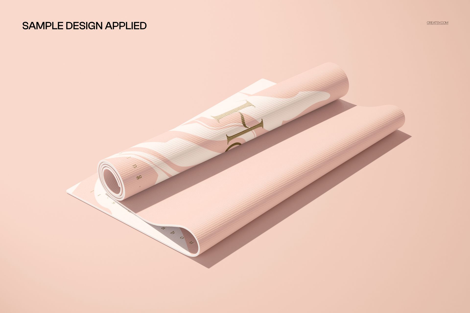Rolled yoga mat mockup with a soft pink and white wavy pattern, viewed from an angled top perspective on a pale background.