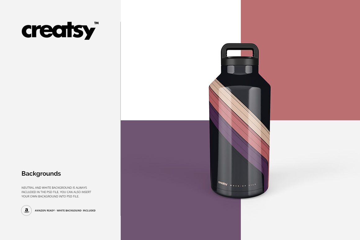 64oz insulated tumbler mockup with a matte finish, displaying angled stripes in muted tones, front view on color blocks.