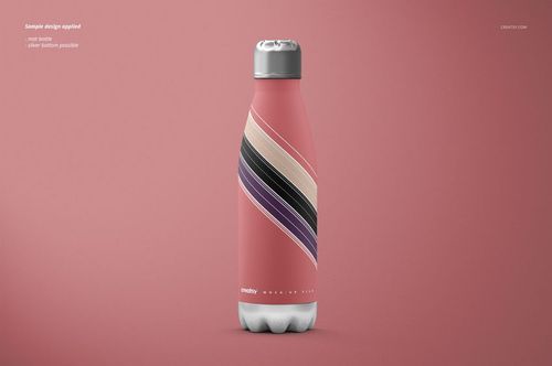 Front view of a stainless steel water bottle mockup with a matte pink finish and diagonal striped pattern on a plain background.