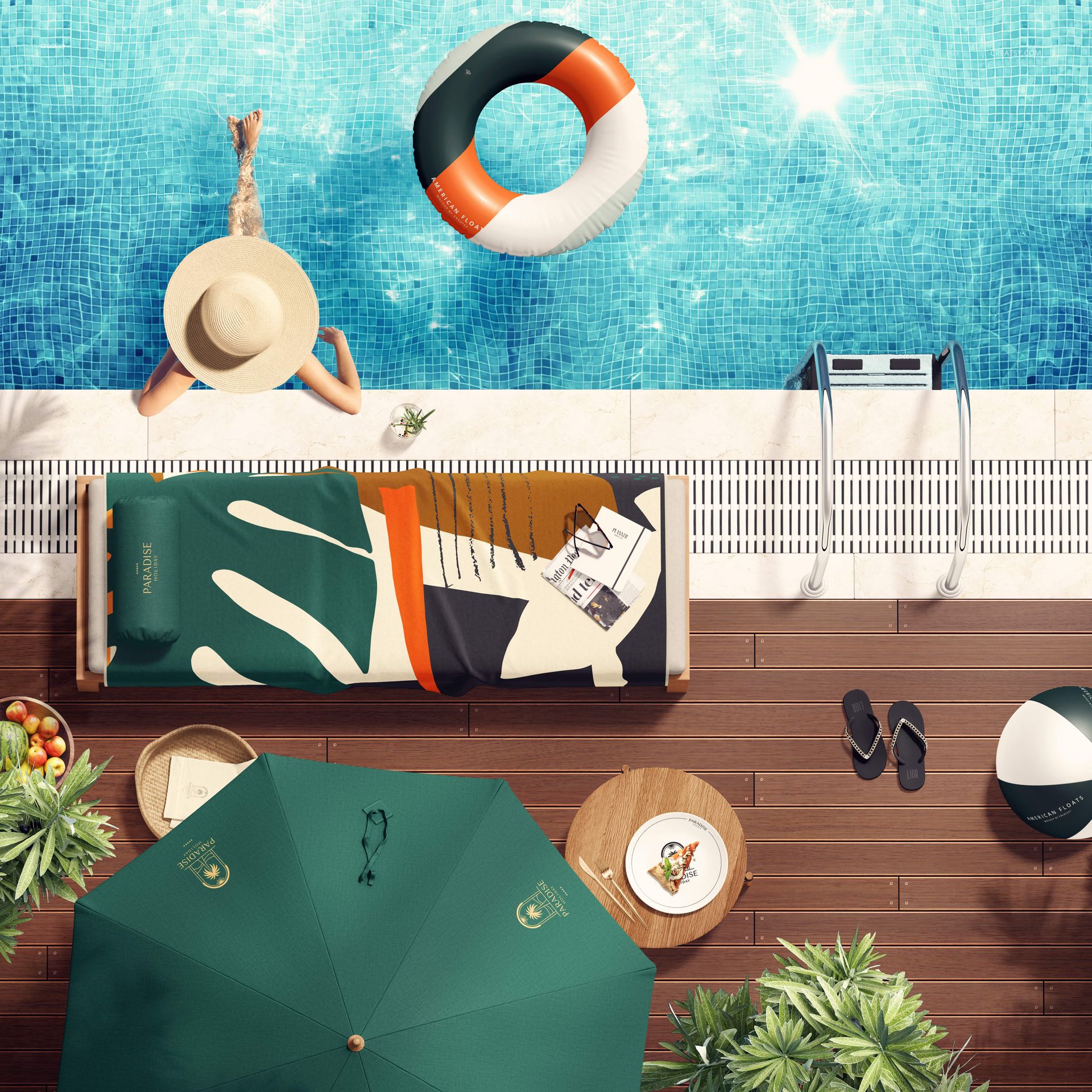 Top view of a poolside scene with a colorful towel on a lounge chair, a sun hat, and a swimming pool mockup.