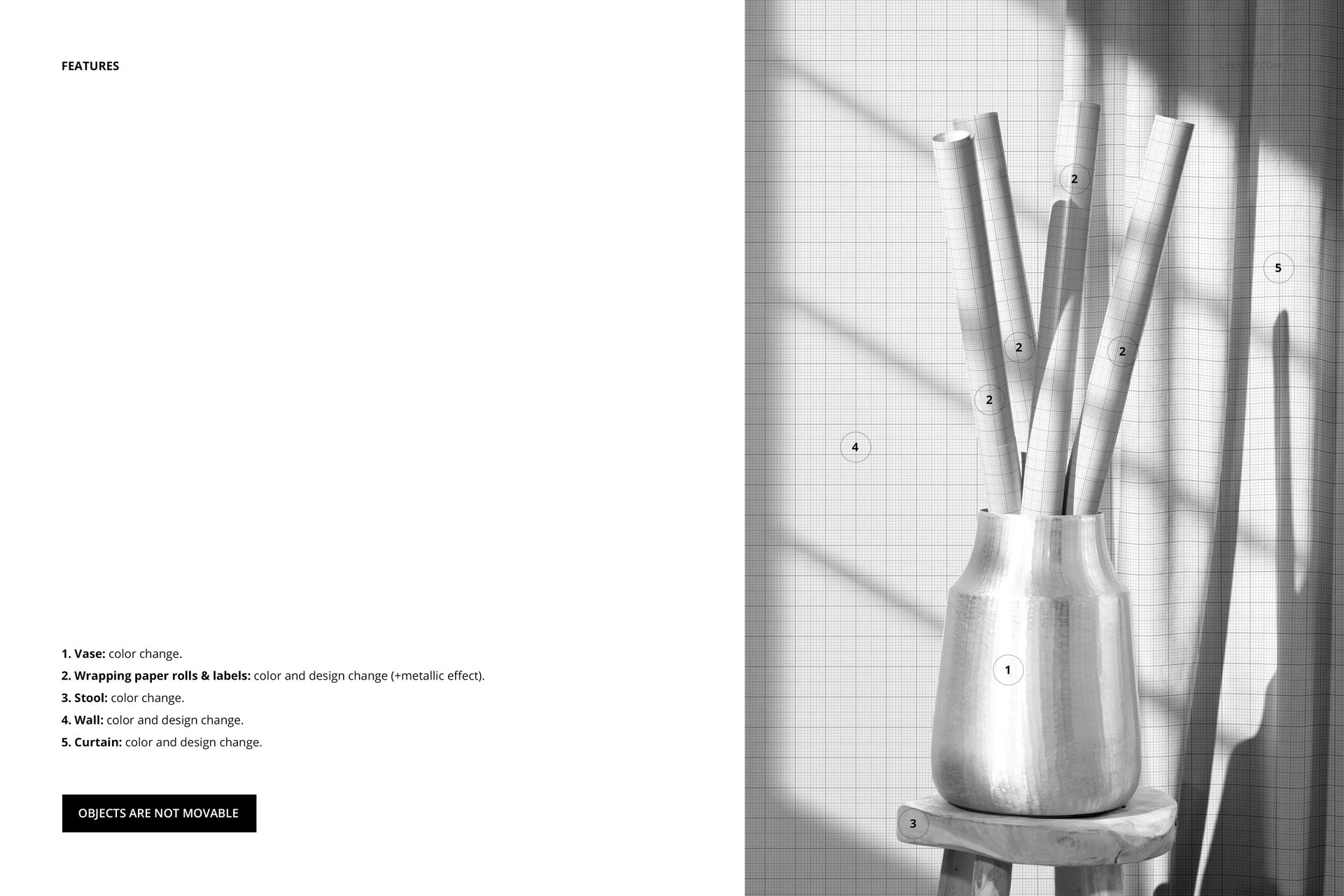 PSD mockup showing wrapping paper rolls in a vase, with a grid-patterned wall and strong natural light from the side.