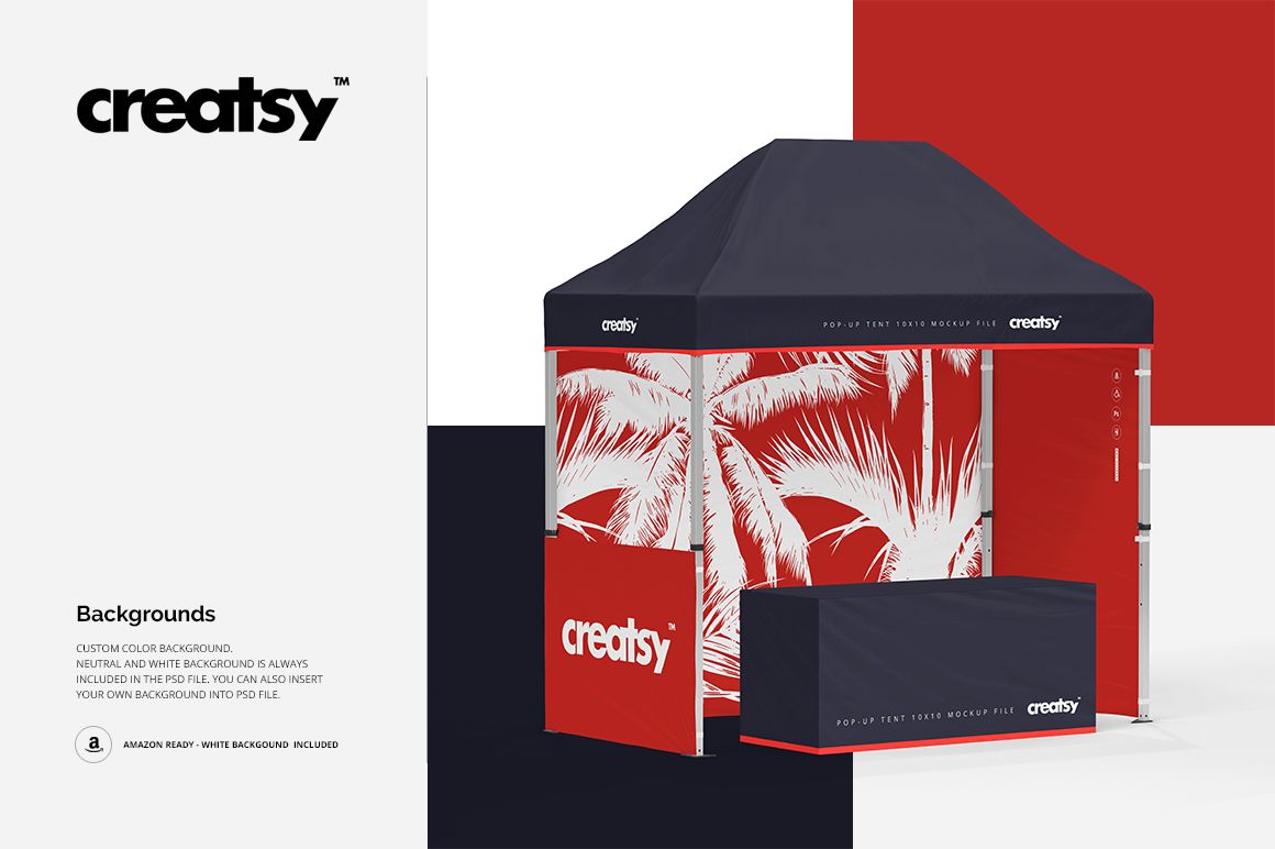 Front-facing pop up tent mockup with navy roof, red walls, and tropical white leaf graphics, shown with matching table cover.