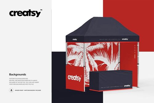 Front-facing pop up tent mockup with navy roof, red walls, and tropical white leaf graphics, shown with matching table cover.
