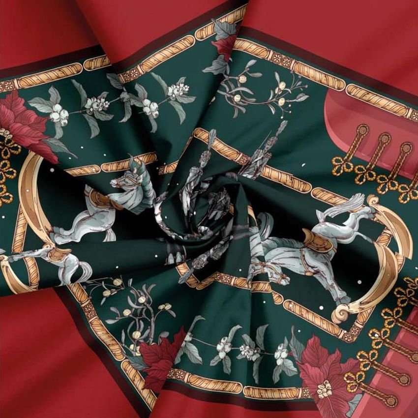 Creased fabric mockup showing a detailed pattern with toy soldiers, floral elements, and gold accents on red and green background.