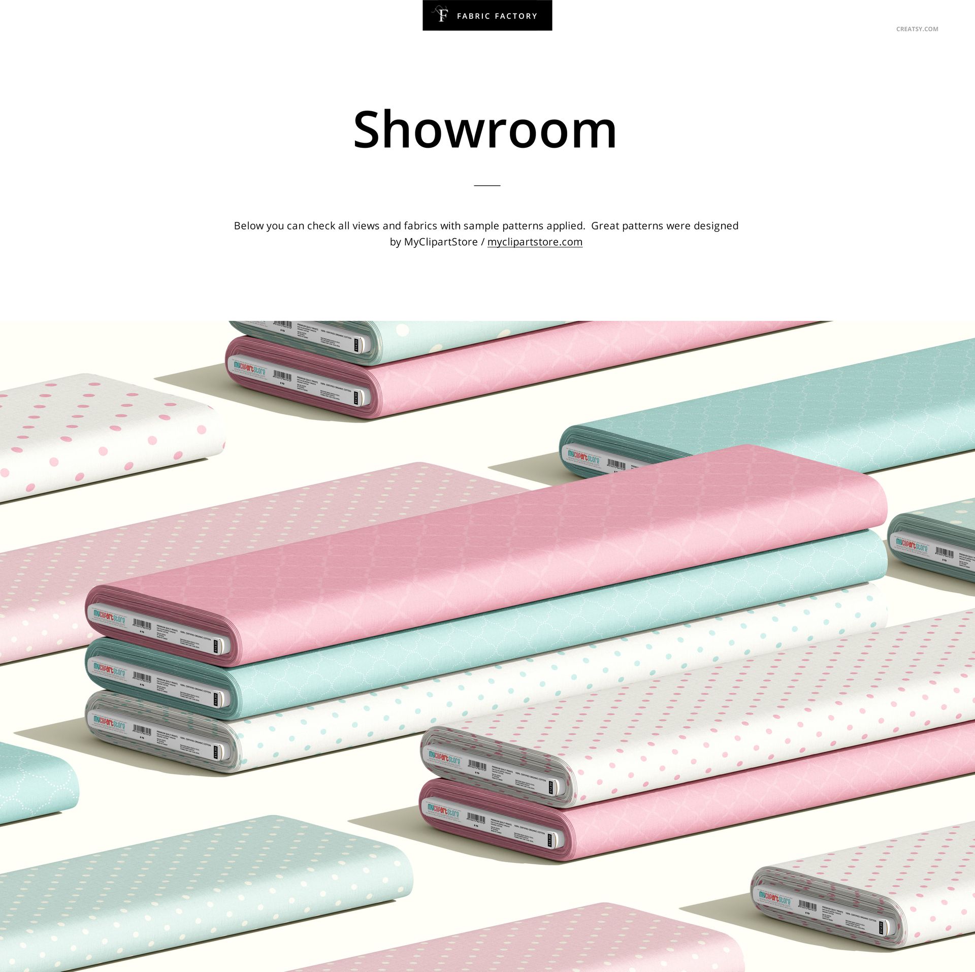PSD mockup set featuring fabric bolts in soft pink and blue tones with white polka dots, organized on a neutral background.