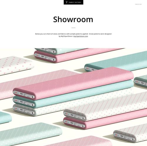 PSD mockup set featuring fabric bolts in soft pink and blue tones with white polka dots, organized on a neutral background.