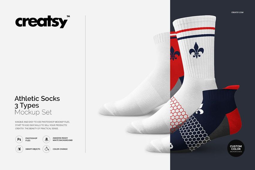PSD mockup showing three types of athletic socks with varied patterns and colors, arranged on a white surface.