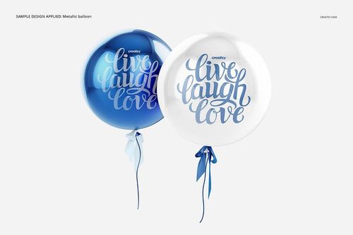 Sphere balloon PSD mockup featuring two balloons with calligraphy designs and blue ribbon accents, front perspective.