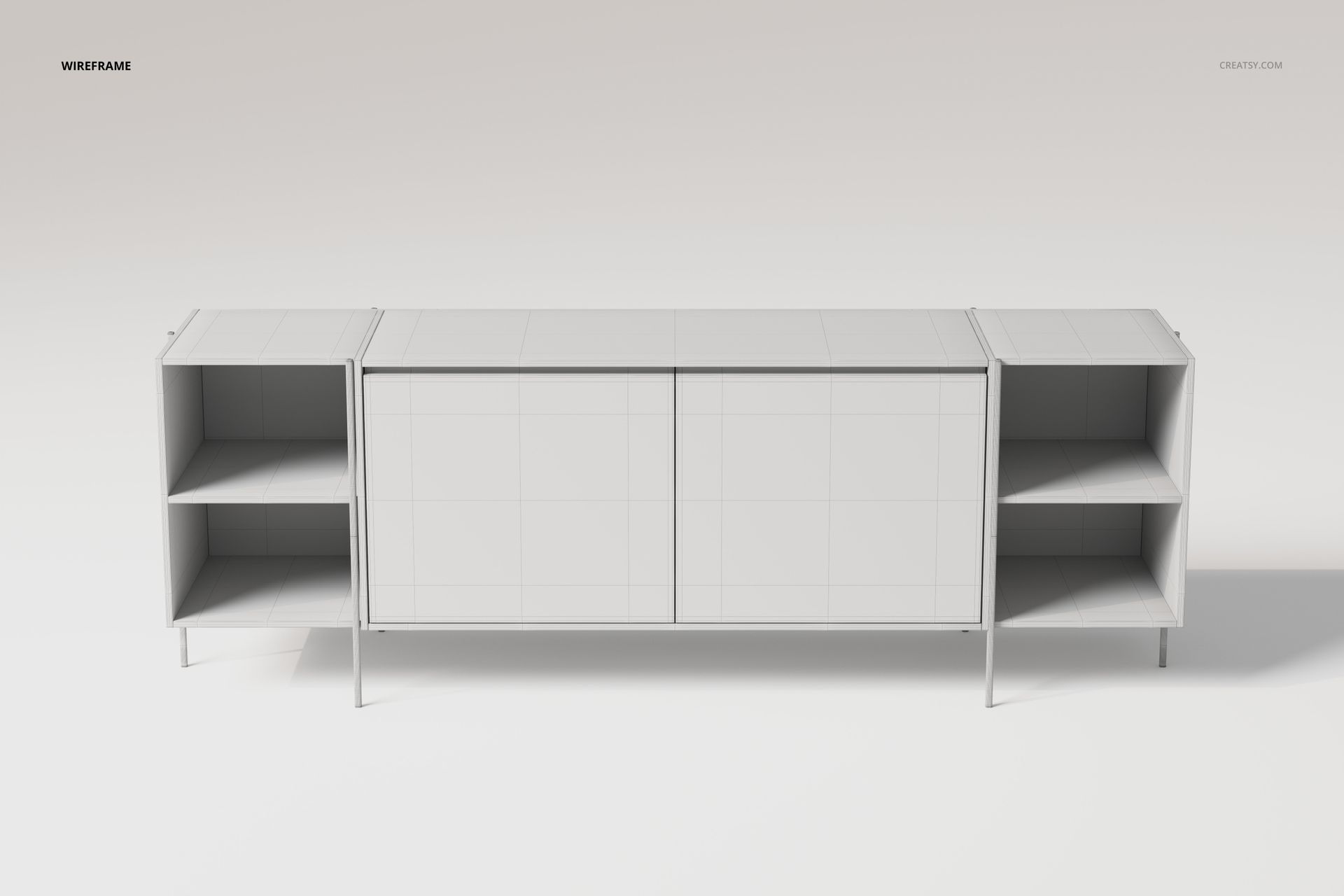 Modern sideboard credenza 3D model in a white wireframe style, shown from the front against a plain background.