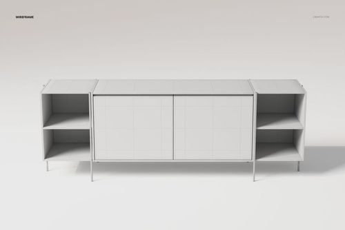 Modern sideboard credenza 3D model in a white wireframe style, shown from the front against a plain background.