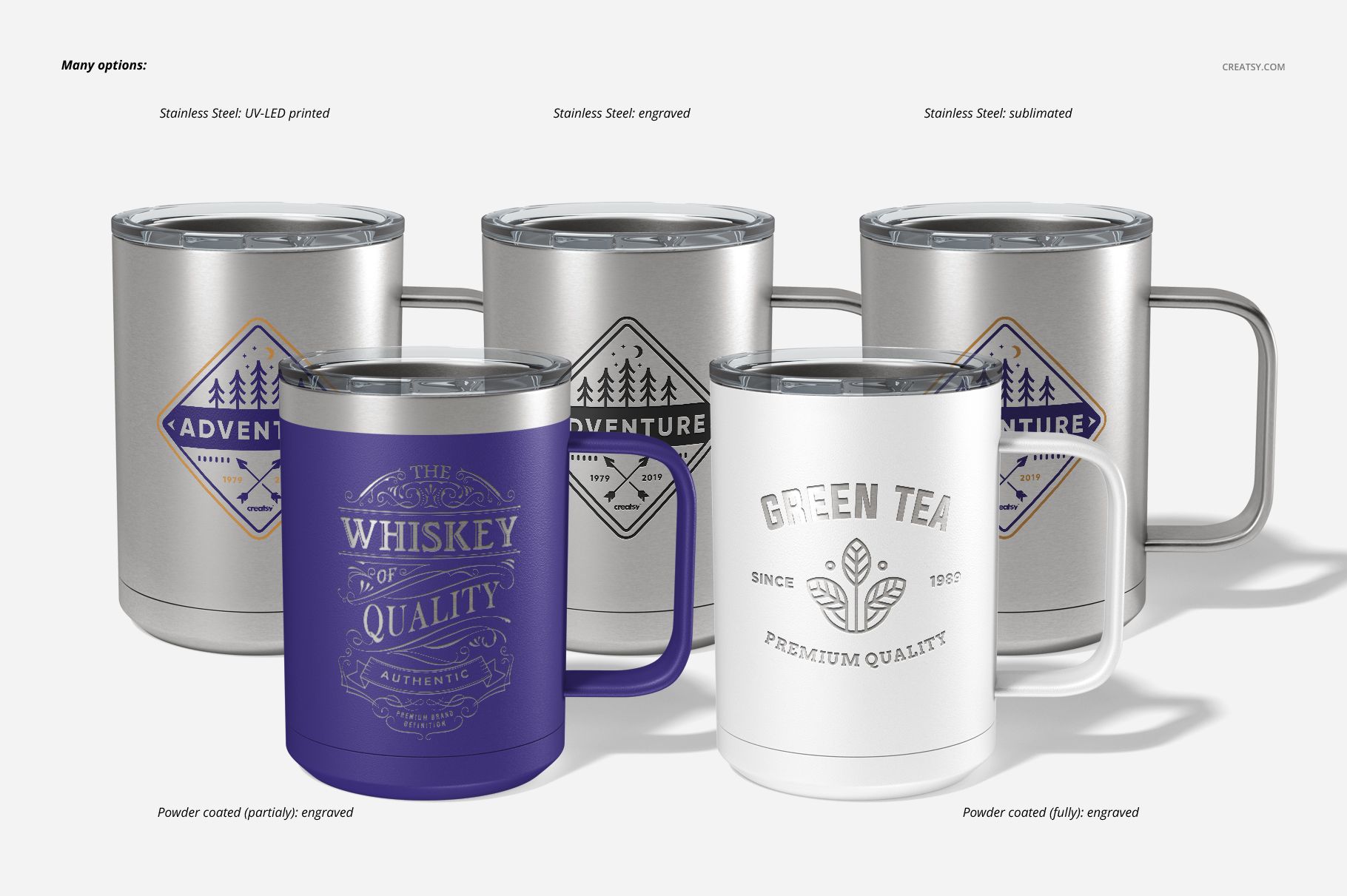 Five camp coffee mugs displayed in a row, featuring various finishes including stainless steel and powder coated, with engraved and printed designs.