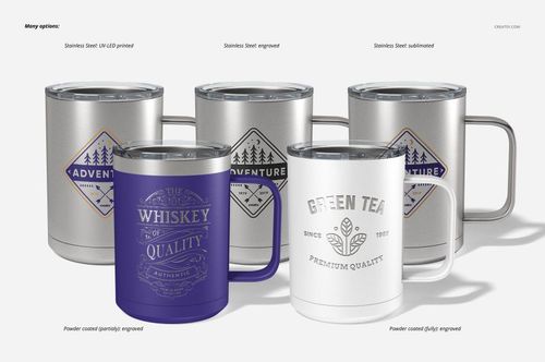 Five camp coffee mugs displayed in a row, featuring various finishes including stainless steel and powder coated, with engraved and printed designs.