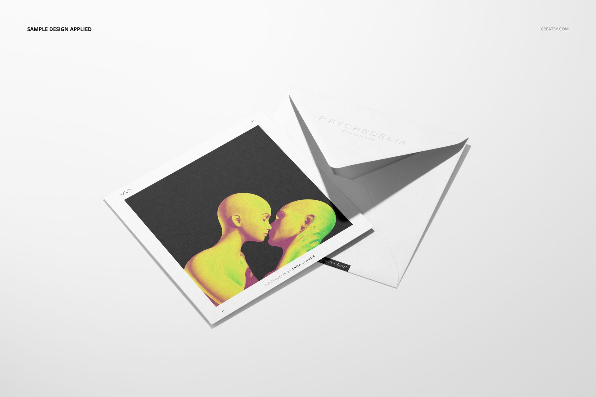 PSD mockup of a square card with bold graphic art and a matching envelope, arranged on a minimal background.