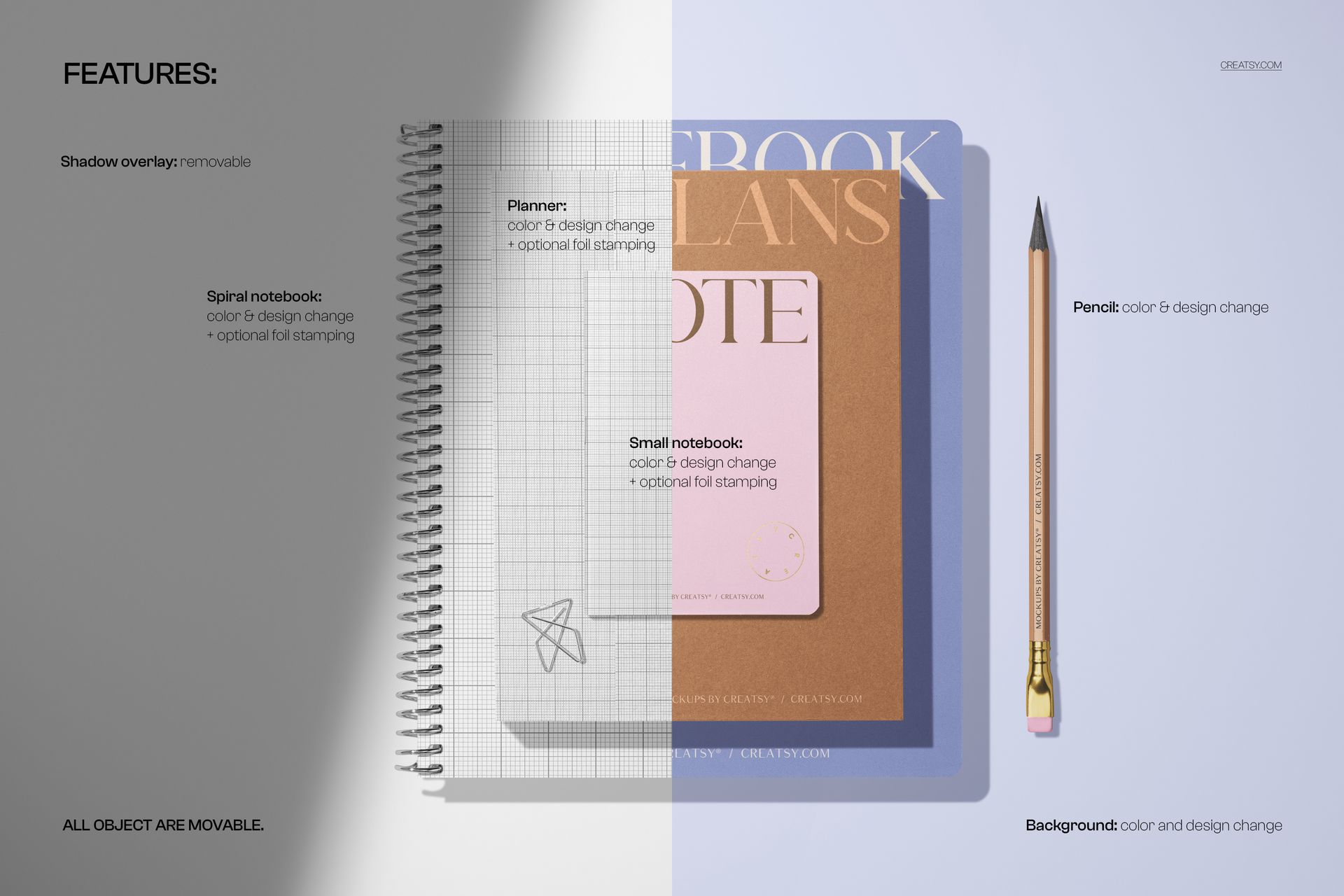 Stationery set mockup featuring a spiral notebook, planner, small notebook, and pencil on a split background.