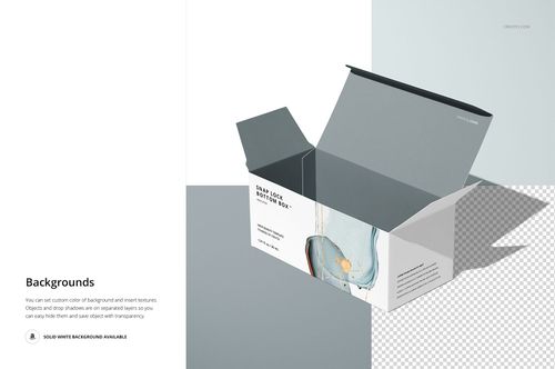 Rectangular snap lock bottom box with open flaps, featuring a minimalist abstract design, shown in a PSD mockup scene.
