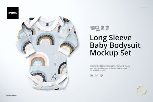 Baby long sleeve bodysuit mockup featuring a soft multicolor rainbow print, shown from the front on a plain surface.