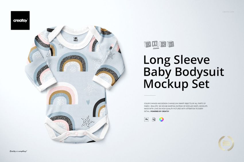 Baby long sleeve bodysuit mockup featuring a soft multicolor rainbow print, shown from the front on a plain surface.