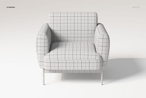 Front view of a puffy lounge chair 3D model with grid lines for UV mapping, featuring thick cushions and metal legs.