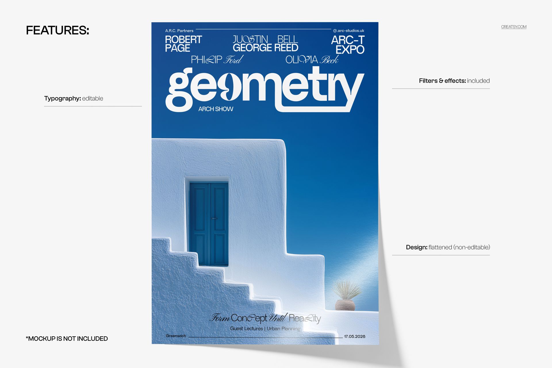 Poster mockup featuring a blue door on a white building with geometric shapes, shown from a front perspective.