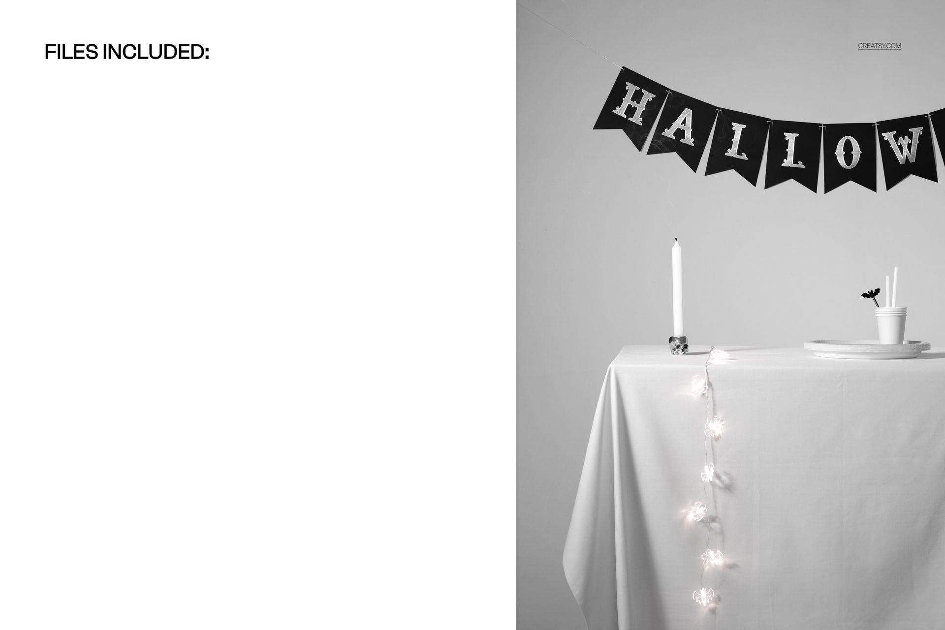 Front view of a Halloween-themed tablecloth mockup with white fabric, candles, string lights, and black banner.