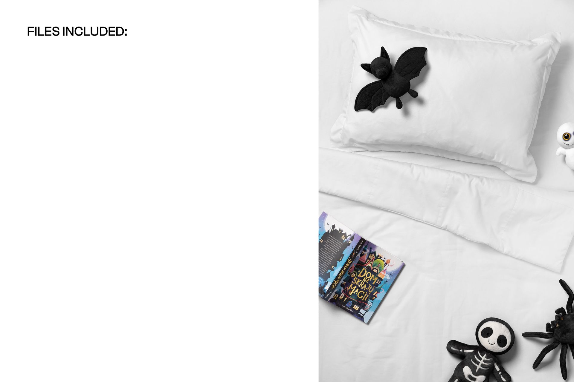 Children’s bedding mockup featuring a white pillow and duvet, plush bat, skeleton, and spider toys in a Halloween theme.
