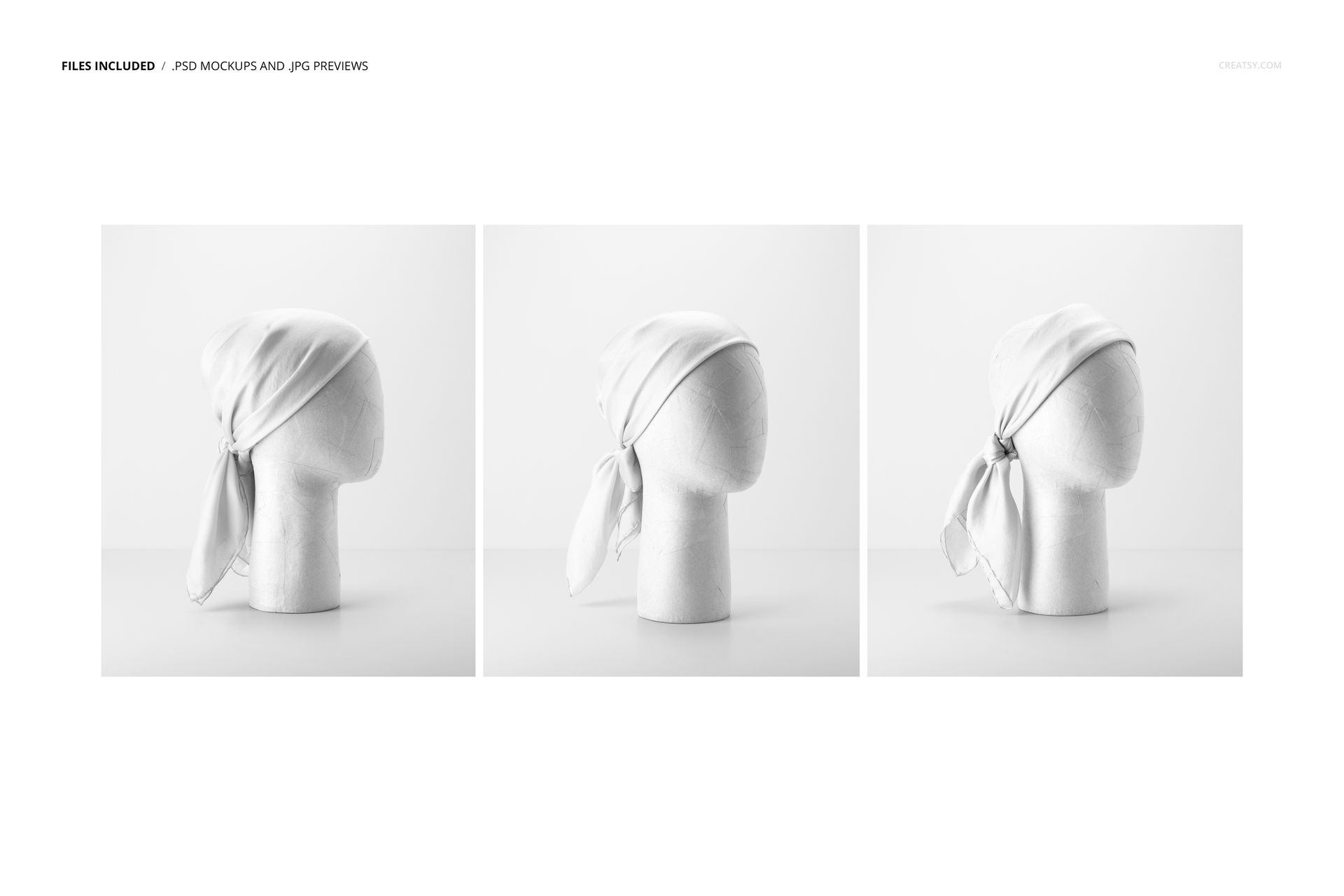 PSD mockup featuring a habotai silk scarf wrapped on a mannequin head, presented in front, side, and rear perspectives.