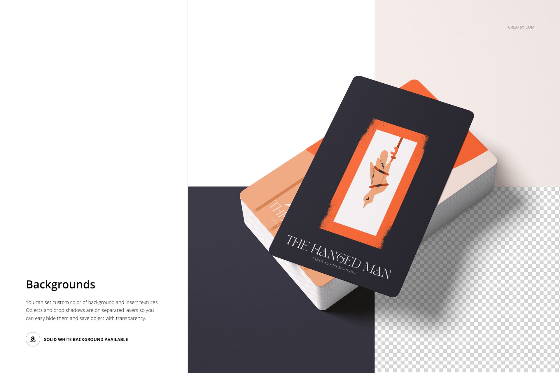 Tarot card mockup set featuring a stack of cards with one card, The Hanged Man, displayed on top in front view.