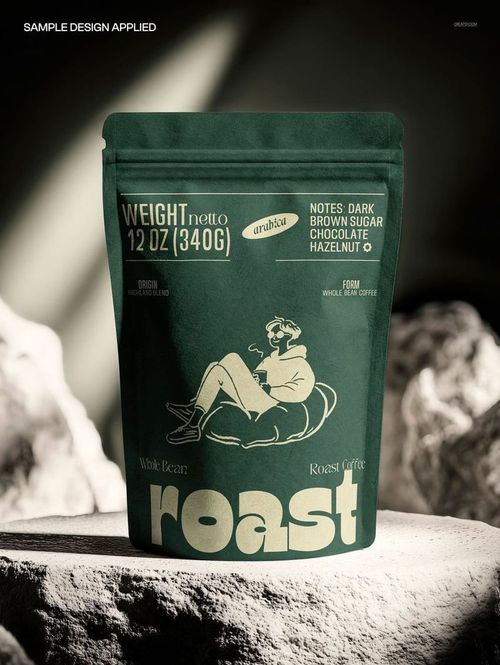 Dark green matte doypack mockup with illustrated figure and bold text, placed upright on rocky stone background.