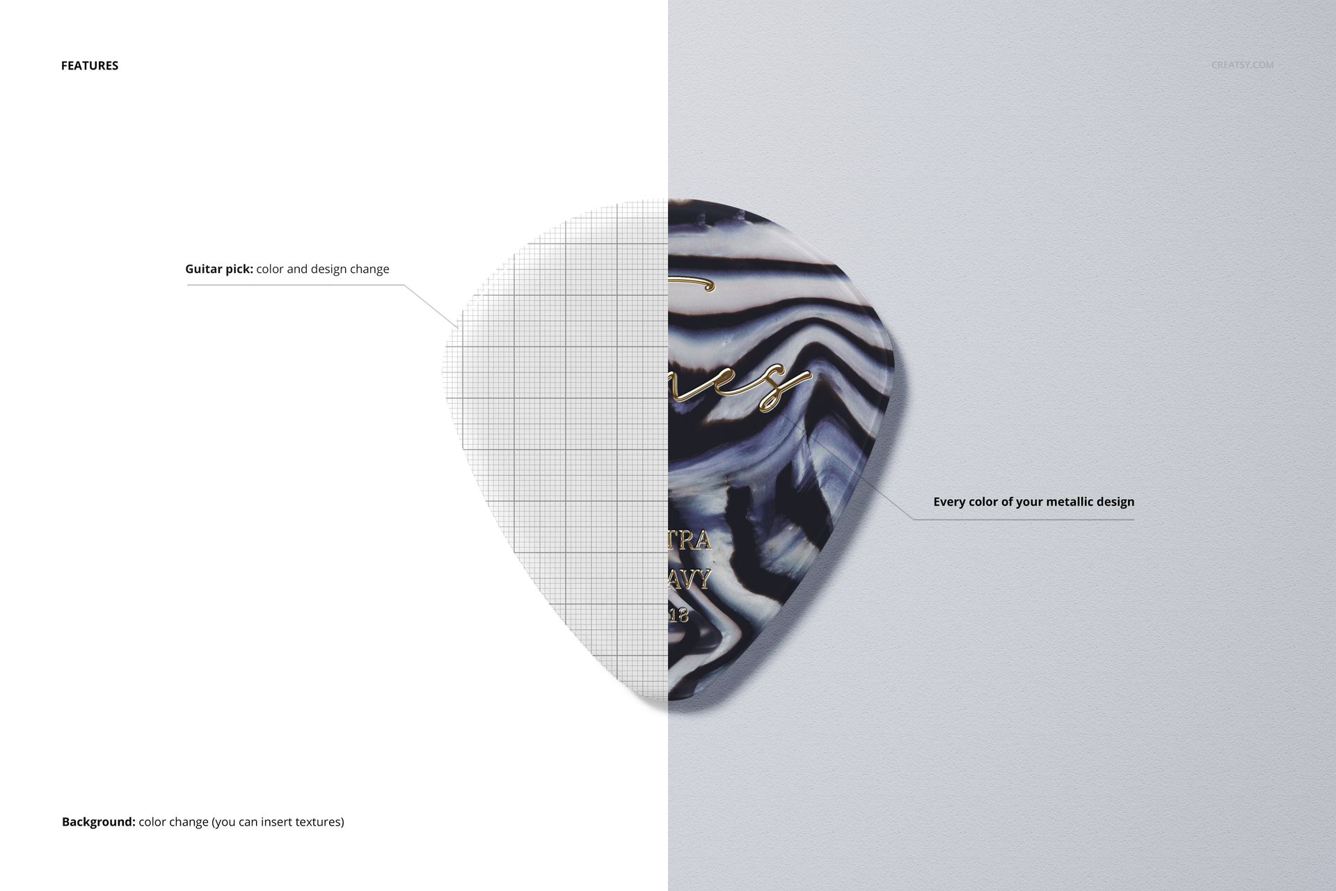 Front view of a guitar pick mockup showing two design options, one with a grid pattern and one with a black and white marbled effect.