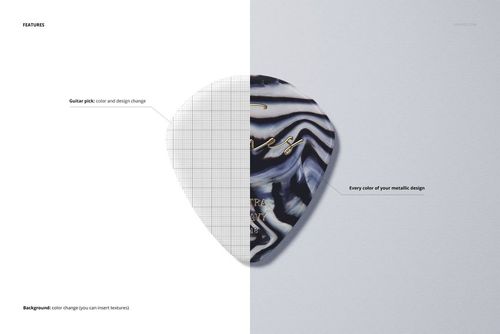 Front view of a guitar pick mockup showing two design options, one with a grid pattern and one with a black and white marbled effect.