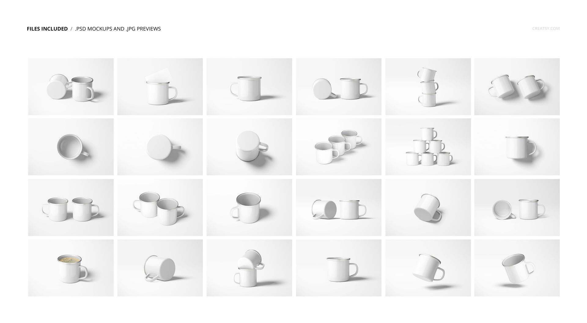 Set of white enamel mugs displayed in various angles and arrangements on a plain light background, mockup bundle.