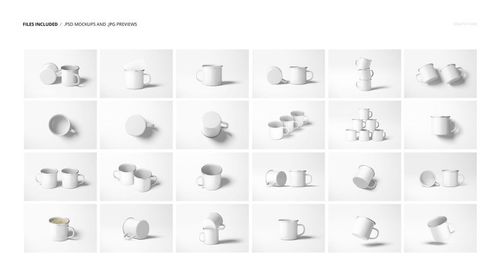 Set of white enamel mugs displayed in various angles and arrangements on a plain light background, mockup bundle.