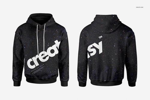 Men's hoodie mockup showing front and back views, black with a white bold graphic and subtle star pattern.