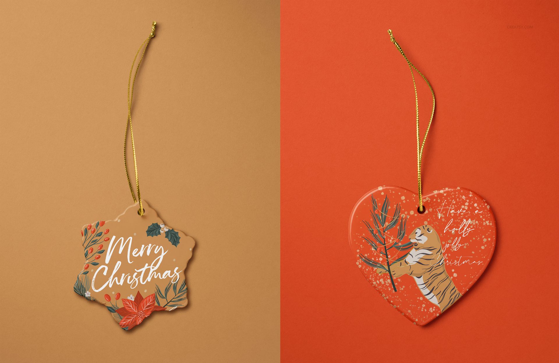Front view of Christmas ceramic ornaments mockup, featuring star and heart shapes on brown and red backgrounds.