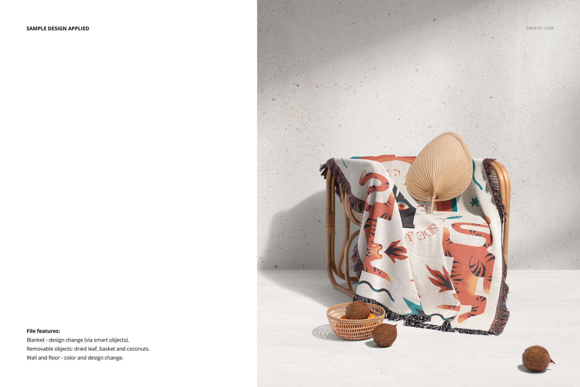 Jacquard fringed throw blanket mockup displayed on a chair, with decorative basket and coconut props nearby.