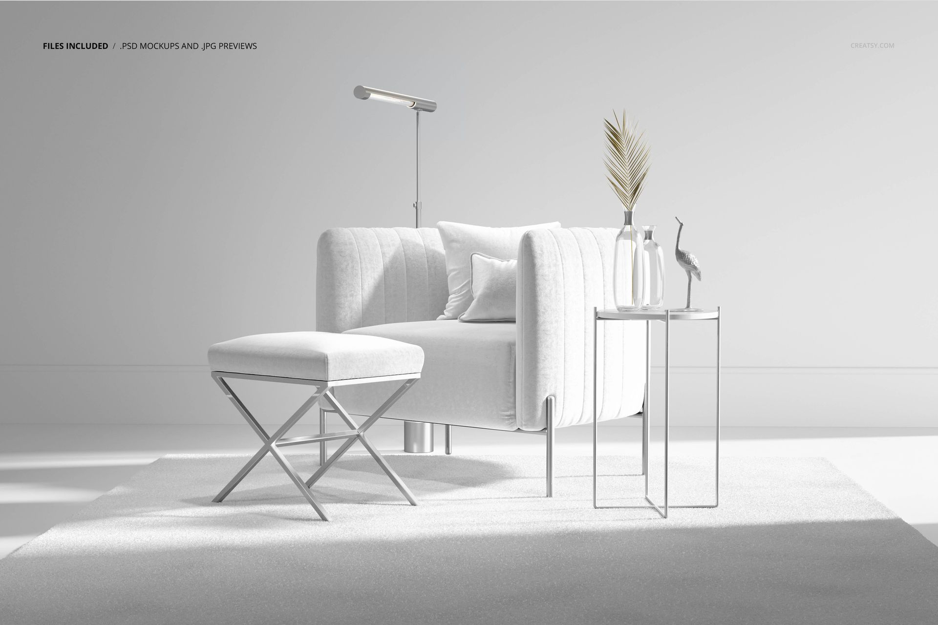 Glamour velvet armchair and stool mockup featuring a plush chair, ottoman, and side table in a minimalist room.