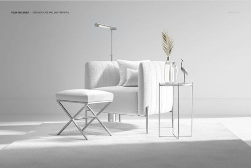 Glamour velvet armchair and stool mockup featuring a plush chair, ottoman, and side table in a minimalist room.