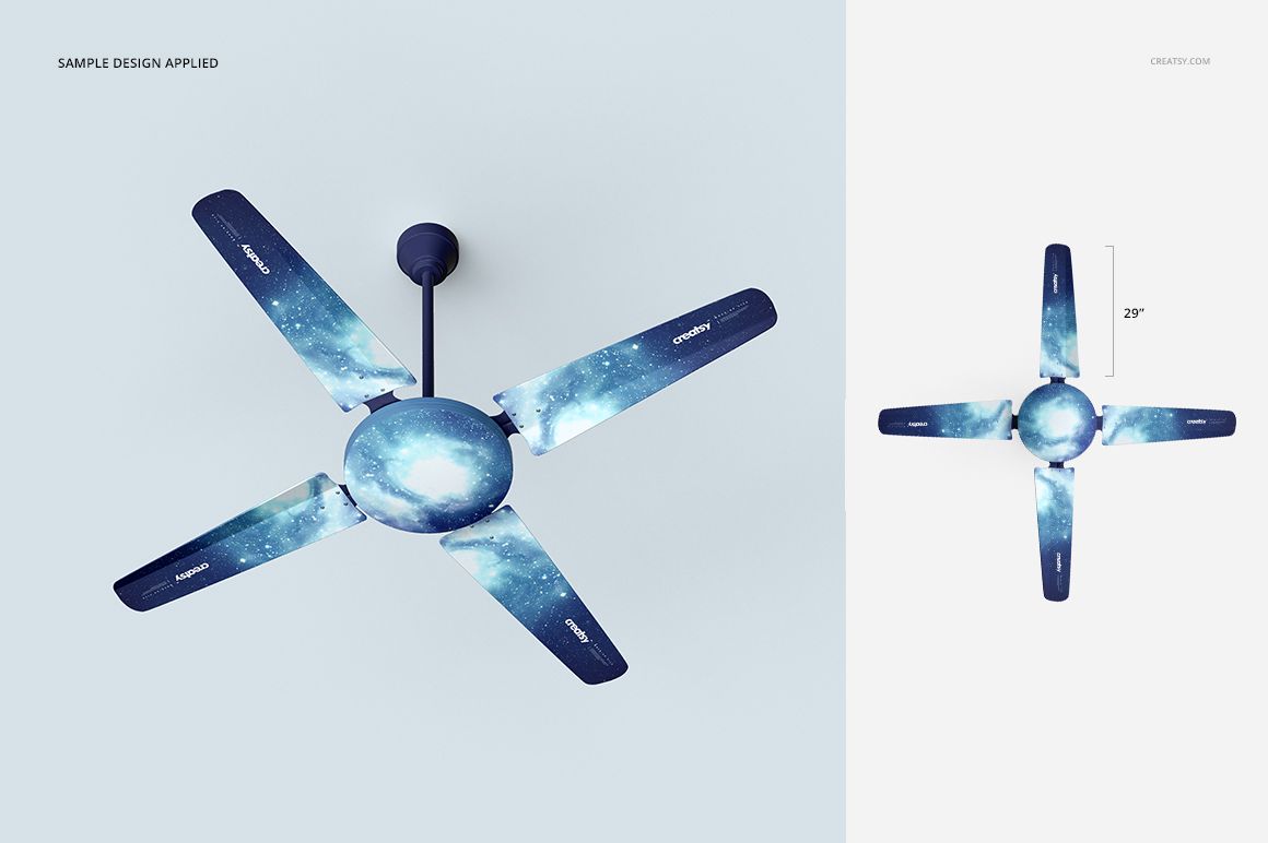 Ceiling fan mockup with four blades, featuring a blue galaxy pattern, shown from a top view on a light background.