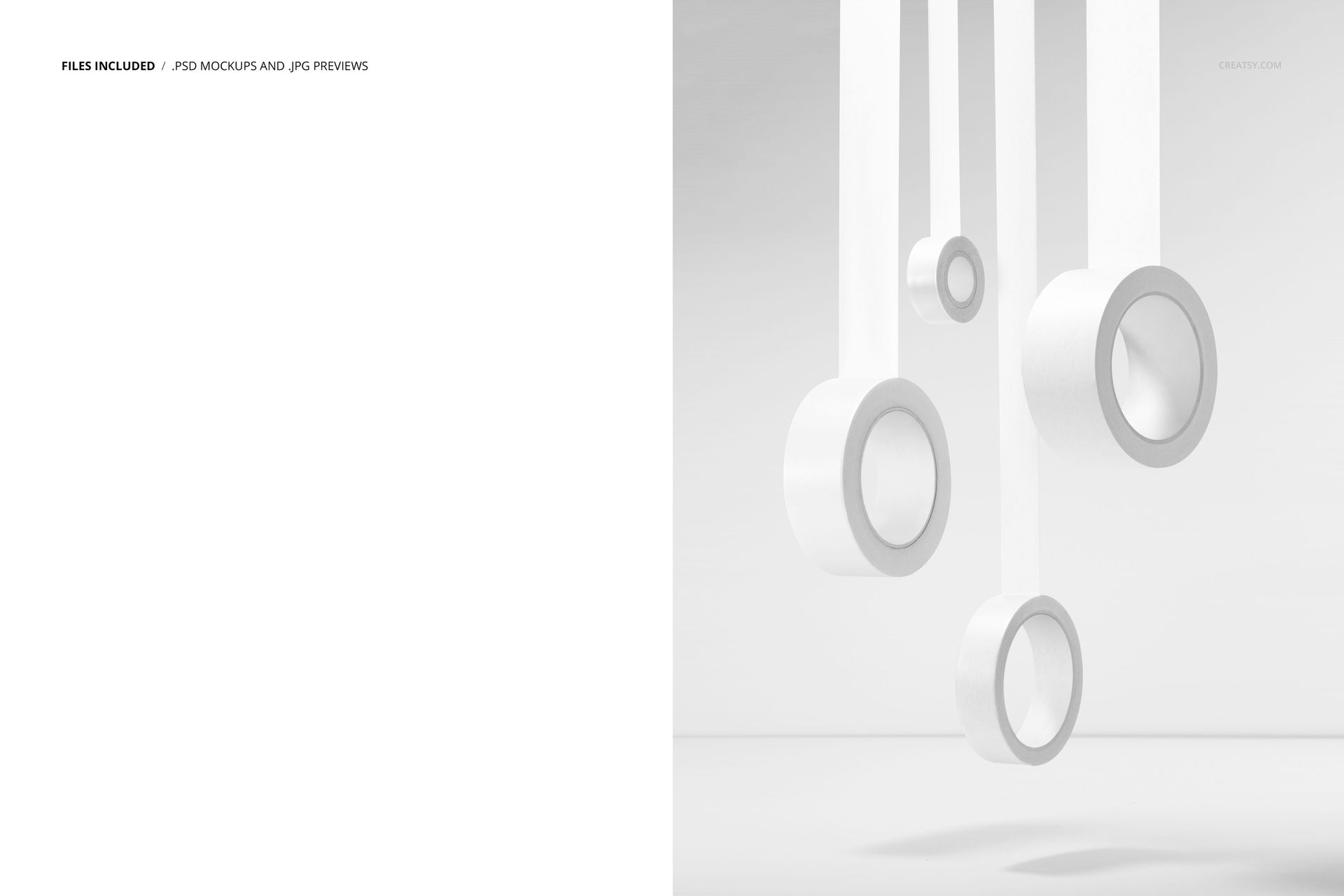 Front view of several white tape rolls hanging vertically against a light gray background, shown in a packaging mockup.