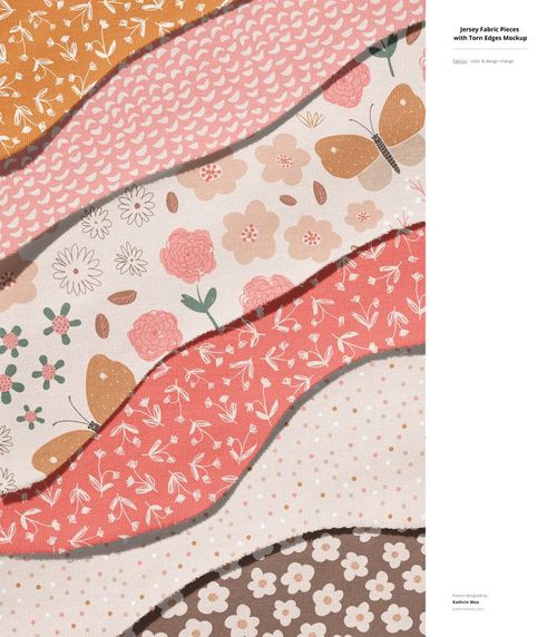 PSD mockup showing multiple torn-edge jersey fabrics in soft colors, each with distinct floral and geometric designs.
