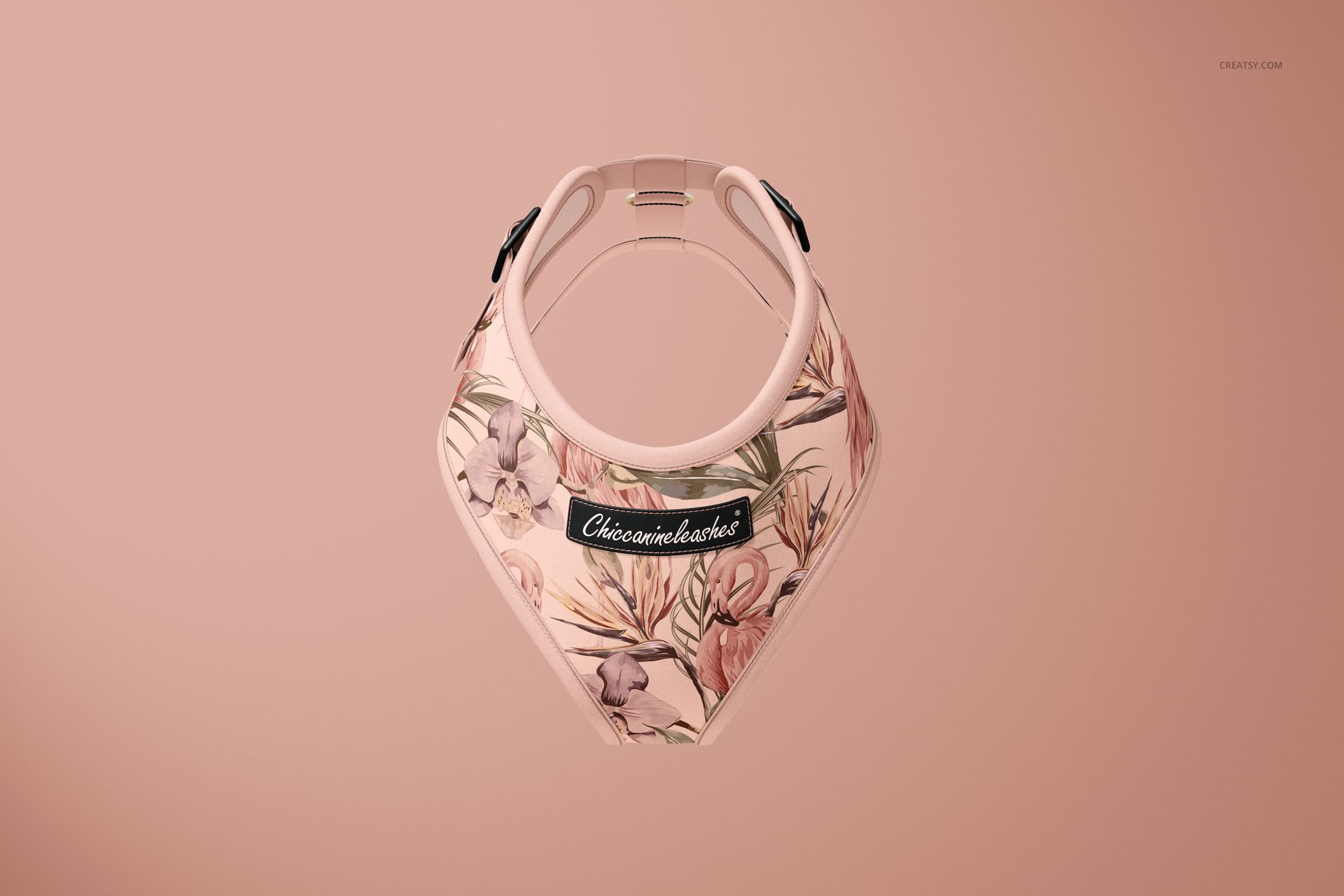 Dog harness mockup featuring a pastel floral design, shown from the front on a solid light pink backdrop.