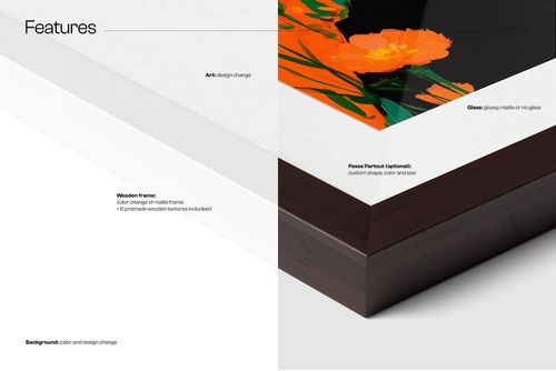 Close-up view of a solid wooden frame mockup featuring a white matte border and vibrant floral artwork inside.