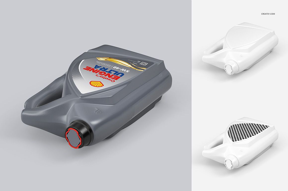 Motor oil bottle mockup featuring a gray plastic container with label area, seen from a low side perspective.